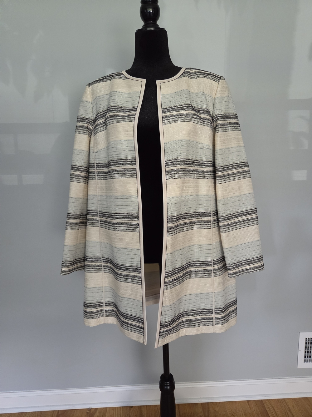 Lafayette 148 New York Cream and Light Blue Striped Open-Front Coat